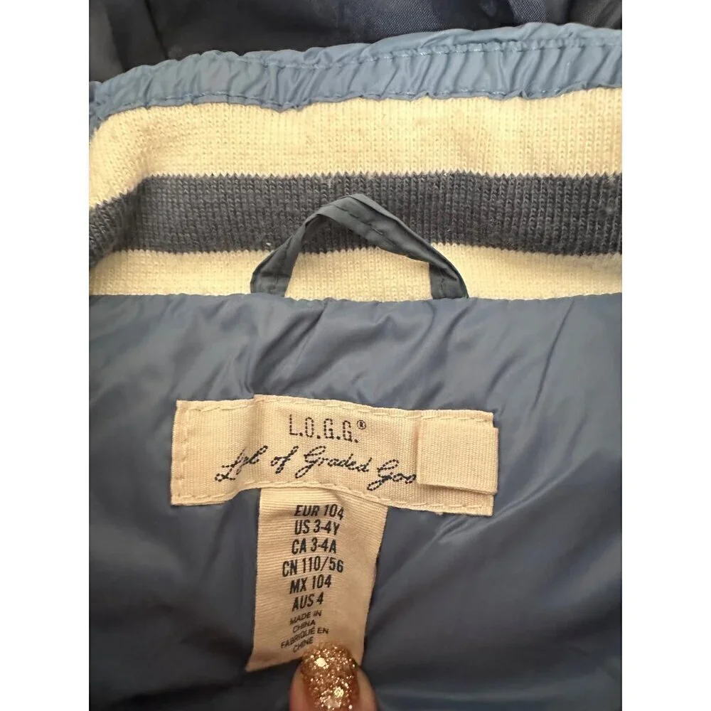 H&M L.O.G.G. Kids Blue Puffer Vest With Patches & Hooded Design
